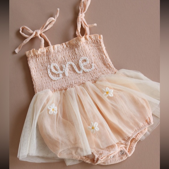 etsy Other - First Birthday Romper Hand-embroidered One in off white color with daisy flowers
